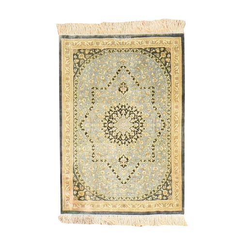 Pistachio Green, Pure Silk, Vintage Persian Ghom with Medallion Design, 600 KPSI, Signed, Hand Knotted, Mat, Small, Oriental 