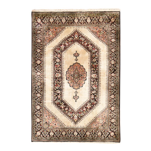 Bone White, Pure Silk, Vintage Persian Qum with Super Fine Geometric and Flower Design, Signed, 600 KPSI, Hand Knotted, Oriental 
