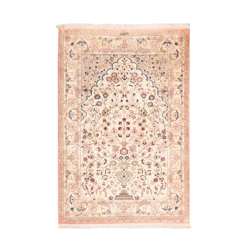 Cream White, New Persian Ghom with Flower & Vase Design, 600 KPSI, Pure Silk, Hand Knotted, Oriental 
