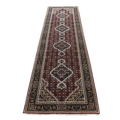 Rhubarb Red, Tabriz Mahi with Fish Medallions Design, 100% Wool, Hand Knotted, Runner, Oriental Rug