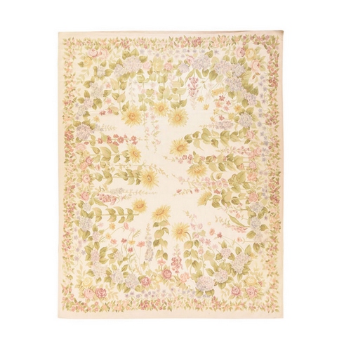 Cream White, Aubusson, All Over Botanical Pattern, Flat Weave, Hand Woven, 100% Wool, European Style, Shabby Chic, Oriental 