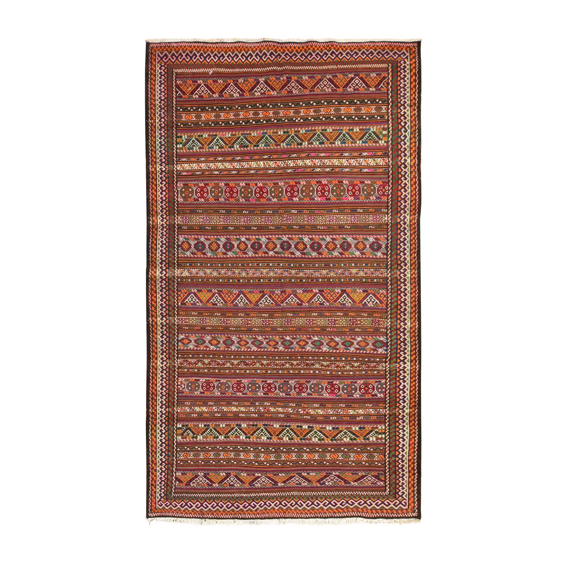 Scarlet Red, Turkish Soumak with Geometric Line Design, Flat Weave, Hand Knotted, Natural Wool, Oriental 