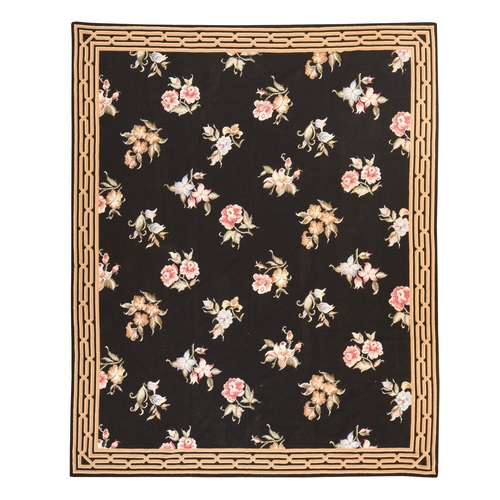Raven Black, Needlepoint with Botanical Design, 100% Wool, Hand Stitched, Oriental 