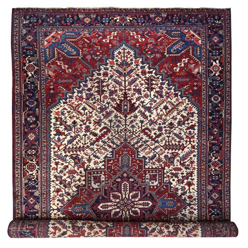Chiffon White, Vintage Persian Heriz with Geometric Medallion and Serrated Leafs Design, Very Good Condition, Full Pile and Soft, Hand Knotted, 100% Wool, Long and Narrow, XL, Oversized, Oriental 