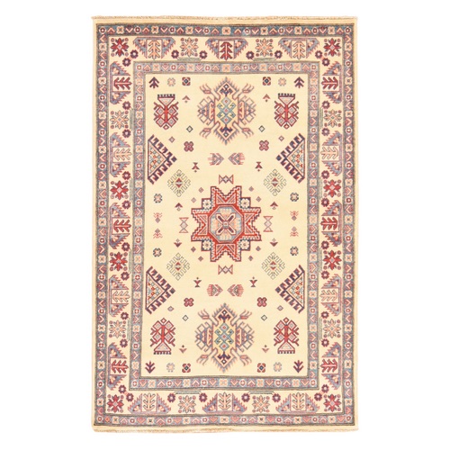 Linen White, Special Kazak with Geometric Design, Natural Wool, Hand Knotted, Oriental 