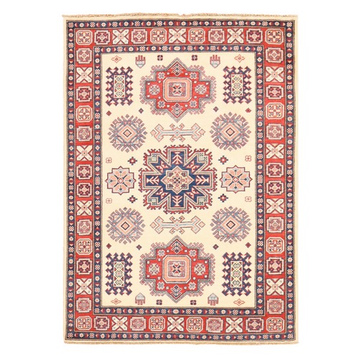 Oyster White, Special Kazak with Tribal Design, Pure Wool, Hand Knotted, Oriental 