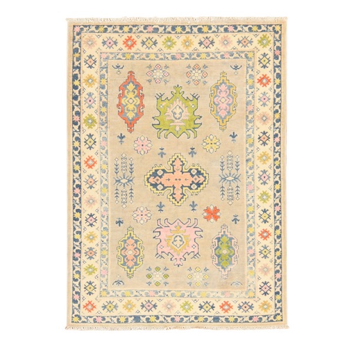 Beige, Fusion Kazak with Geometric Elements, Pure Wool, Hand Knotted, Oriental 