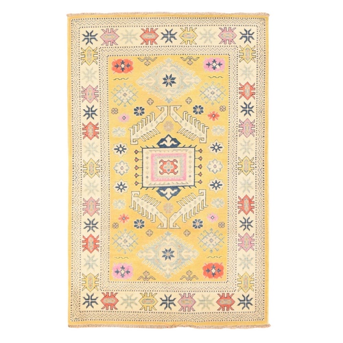 Macaroon Yellow, Colorful and Vibrant Fusion Kazak, Pure Wool, Hand Knotted, Caucasian Design, Oriental 