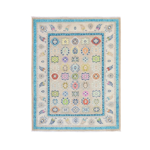 Beige, Colorful Fusion Kazak with Geometric Design, Pure Wool, Hand Knotted, Oriental 
