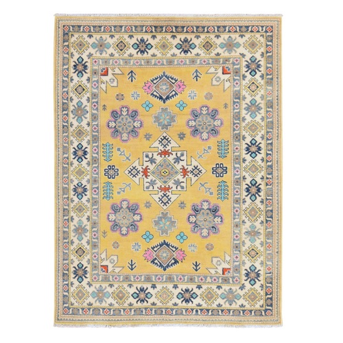 Mustard Yellow, Colorful Fusion Kazak with Geometric Design, Hand Knotted, Pure Wool, Oriental 