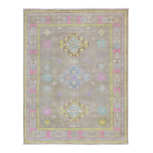 Khaki Brown, Colorful Fusion Kazak with Geometric Design, Pure Wool, Hand Knotted, Oriental 
