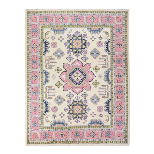 Swan White, Fusion Kazak with Flower Medallions Design, Natural Wool, Hand Knotted, Oriental 