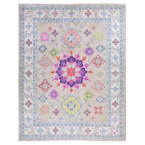 Khaki Brown, Colorful Fusion Kazak with Flower Medallion Design, Hand Knotted, Pure Wool, Oriental 