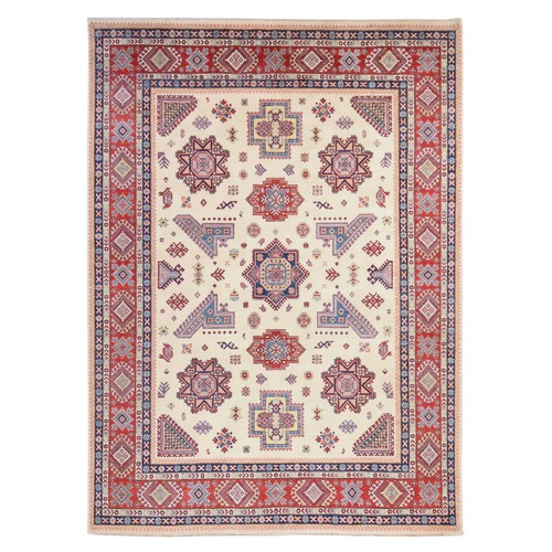 Parchment White, Special Kazak with Geometric Medallions, Pure Wool, Hand Knotted, Oriental 