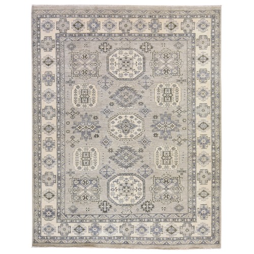 Spanish Gray, Silver Wash Kazak with Geometric Medallions, Pure Wool, Hand Knotted, Oriental 
