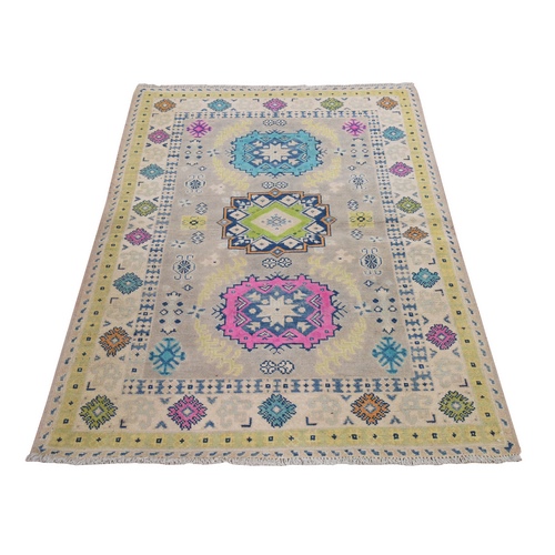 Khaki Brown, Colorful Fusion Kazak with Geometric Design, Pure Wool, Hand Knotted, Oriental 