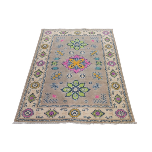 Khaki Brown, Colorful Fusion Kazak with Geometric Design, Hand Knotted, Pure Wool, Oriental 