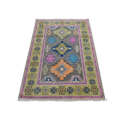 Khaki Brown, Colorful Fusion Kazak with Geometric Design, Pure Wool, Hand Knotted, Oriental 
