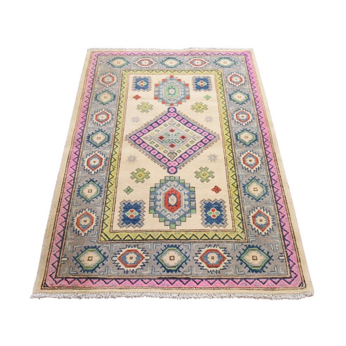 Alabaster White, Colorful Fusion Kazak with Geometric Design, Hand Knotted, Pure Wool, Oriental 