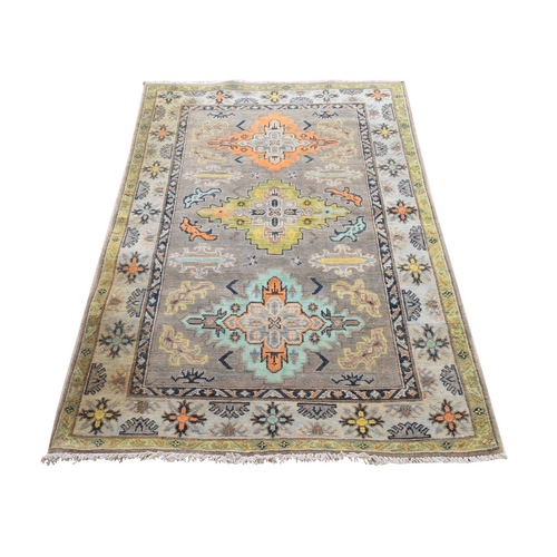 Stone Gray, Colorful Fusion Kazak with Geometric Design, Pure Wool, Hand Knotted, Oriental 
