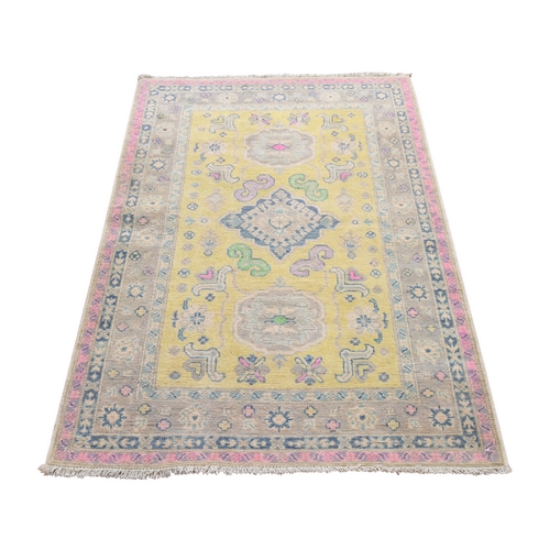 Pastel Yellow, Colorful Fusion Kazak with Geometric Design, Pure Wool, Hand Knotted, Oriental 