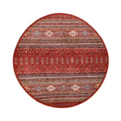 Crimson Red, Afghan Super Kazak with Khorjin Design, Hand Knotted, 100% Wool, Round, Oriental 