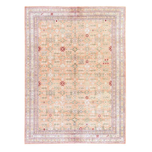 Peach Color, Pure Silk with Khotan All Over Design, Shaved Low and Distressed, Hand Knotted, Oriental 