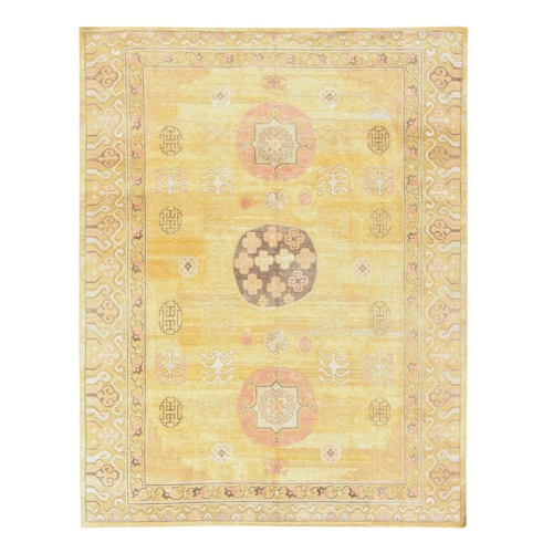 Golden Yellow, Pure Silk with Khotan Medallion Design, Shaved Low and Distressed, Hand Knotted, Oriental 