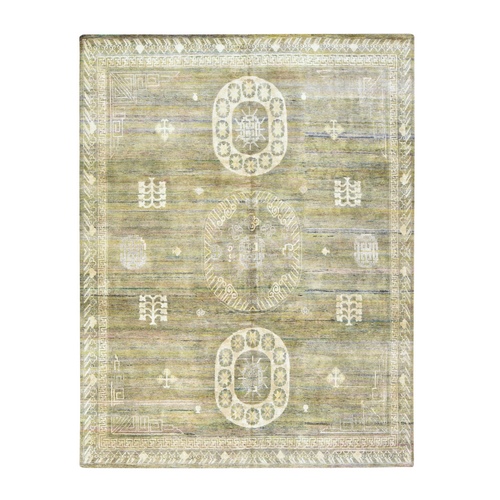 Green and Brown, Hand Knotted, Pure Silk with Khotan Medallion Design, Shaved Low and Distressed, Oriental 