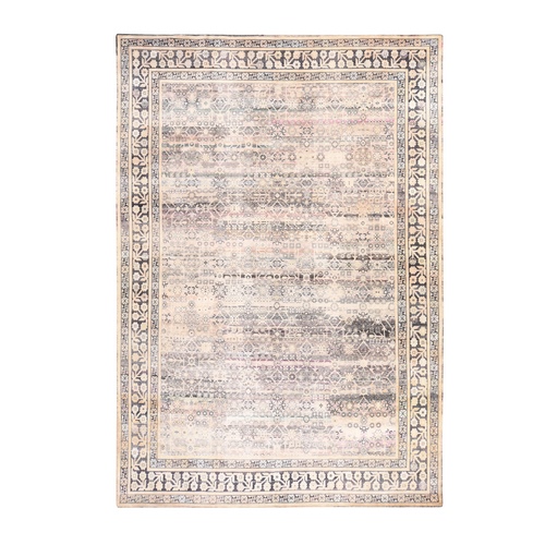 Charcoal Black and Pink, Pure Silk with Khotan All Over Design, Shaved Low and Distressed, Hand Knotted, Oriental 