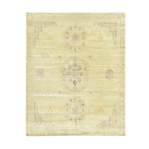 Lime Green, Pure Silk with Khotan Medallion Design, Shaved Low and Distressed, Hand Knotted, Oriental 