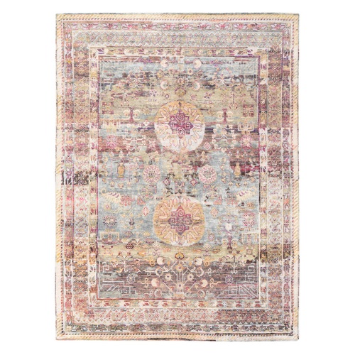 Rouge Pink and Blue, Pure Silk with Khotan Medallion Design, Distinct Abrash, Shaved Low and Distressed, Hand Knotted, Oriental 