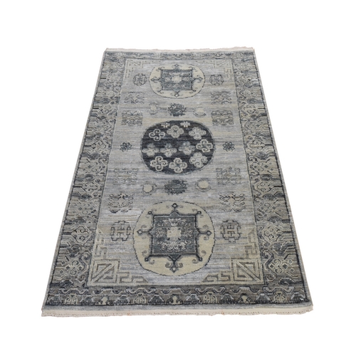 Spanish Gray, Khotan Design with Geometric Medallions, Pure Silk with Textured Wool, Hand Knotted, Oriental Rug