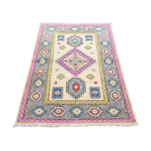 Parchment White, Colorful Fusion Kazak with Geometric Design, Hand Knotted, Pure Wool, Oriental 