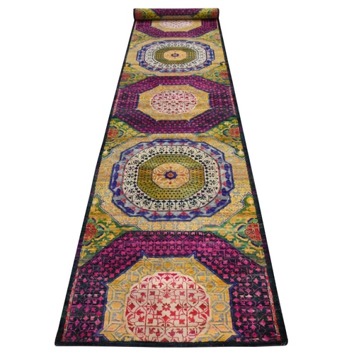Golden Yellow, Colorful Mamluk Design, Hand Knotted, Sari Silk with Textured Wool, XL Runner, Oriental 