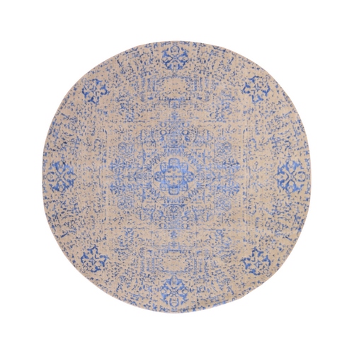 Beige with Blue, Mamluk Design, Fine Jacquard Hand Loomed, Tone on Tone, Wool and Silk, Round, Oriental 