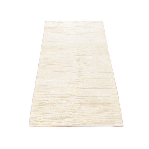 Cream White, Modern Oxidized Textured Wool, Hand Knotted, Short Runner, Oriental 