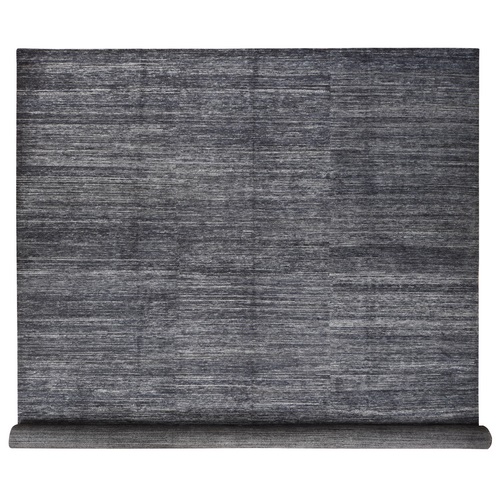 Charcoal Black, Textured Pile, Wool and Silk, Hand Knotted, XL, Plain Design, Oversized, Oriental 