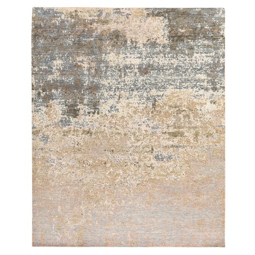Gray-Beige, Persian Knot, Galaxy Modern Abstract Design in Soft Colors, Wool and Silk, Denser Weave, Hand Knotted, Oriental 