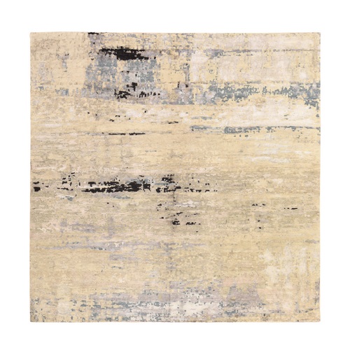 Beige & Gray, Abstract Design, Hand Knotted, Hi-Low Pile, Wool & Silk, Square, Oriental 