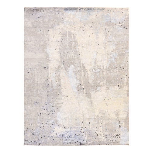 Pastel Gray, Abstract Design with Soft Blues, Wool and Silk, Hand Knotted, Oriental 