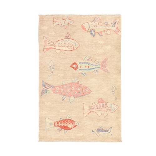 Oyster White, Afghan Peshawar with Oceanic Fish Design, Soft and Velvety Wool, Hand Knotted, Oriental 