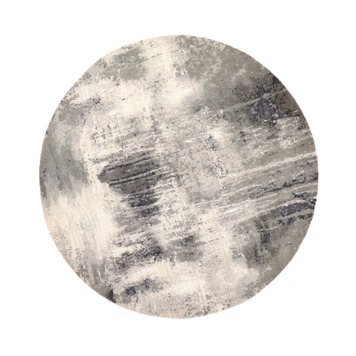 Black with Touches of Ivory, Abstract Design, Hand Knotted, Wool and Silk, Round, Oriental 