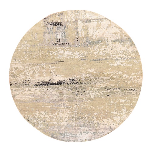 Beige-Gray, Wool & Silk, Modern Abstract Design, Hand Knotted, Hi-Low Pile, Round, Oriental Beige-Gray, Wool & Silk, Modern Abstract Design, Hand Knotted, Hi-Low Pile, Round, Oriental