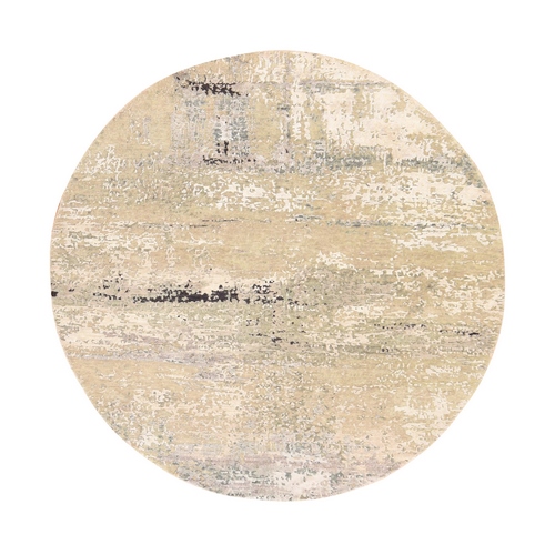 Beige-Gray, Modern Abstract Design, Hand Knotted, Wool & Silk, Hi-Low Pile, Round, Oriental 