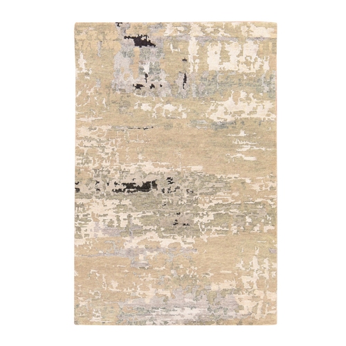 Beige-Gray, Modern Abstract Design, Wool and Silk, Hand Knotted, Hi-Low Pile, Oriental 