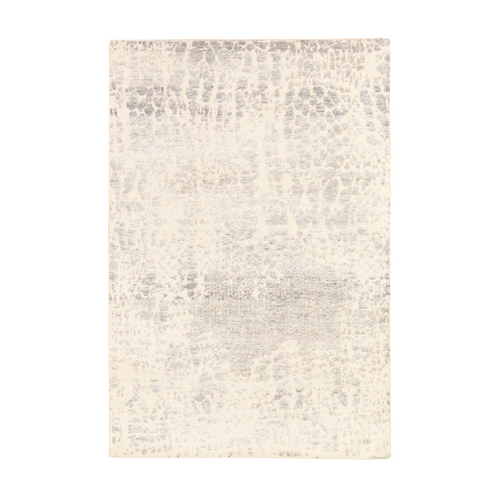 Pastel Gray, Abstract Design, Wool and Silk, Hi-Low Pile, Denser Weave, Hand Knotted, Oriental 
