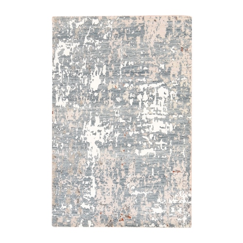 Pastel Gray, Abstract Design, Hand Knotted, Wool and Silk, Hi-Low Pile, Denser Weave, Oriental 
