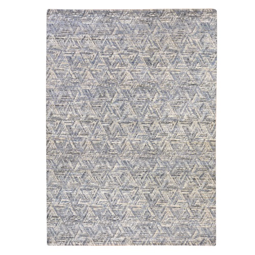 Blue-Gray, THE INTERWINED TRIANGLES, Silk with Textured Wool, Hand Knotted, Oriental 