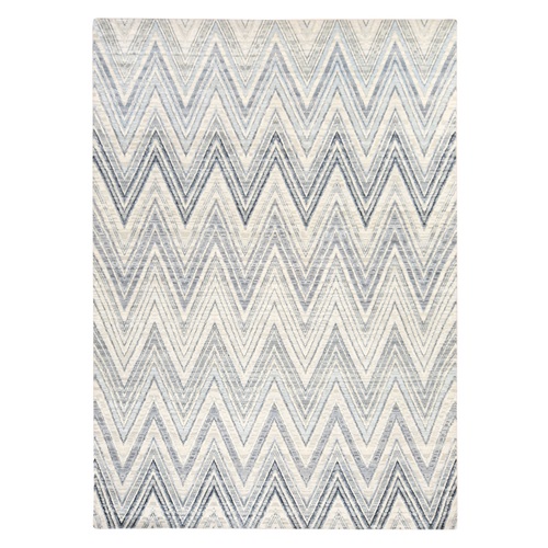 Pastel Gray, Chevron Design, Textured Wool and Pure Silk, Hand Knotted, Oriental 